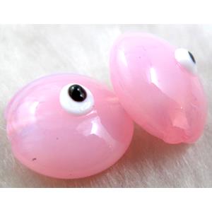  lampwork glass beads with evil eye, flat-round, pink