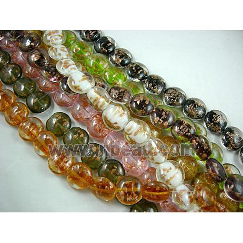 lampwork glass beads with goldsand, flat-round, mixed color