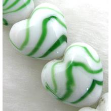 lampwork glass beads, heart, green stripe, white