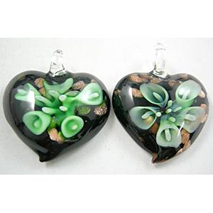 MixColors Lampwork Glass heart Pendants within Goldsand and Flower