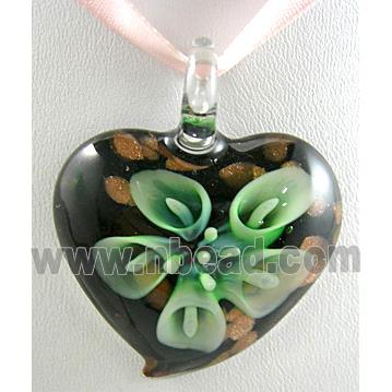MixColors Lampwork Glass heart Pendants within Goldsand and Flower