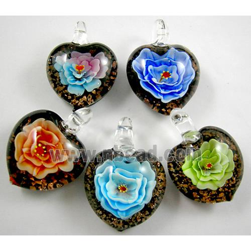 Lampwork Glass Pendant with goldsand, heart, flower, mixed color