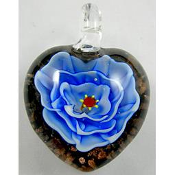 Lampwork Glass Pendant with goldsand, heart, flower, blue