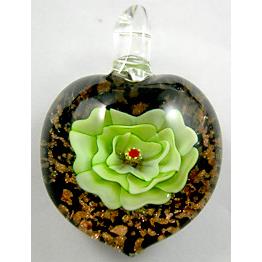 Lampwork Glass Pendant with goldsand, heart, flower, green