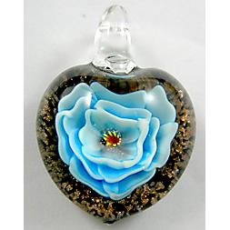 Lampwork Glass Pendant with goldsand, heart, flower, blue
