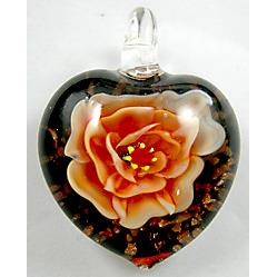 Lampwork Glass Pendant with goldsand, heart, flower, red