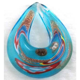 murano style glass lampwork pendant, teardrop, blue