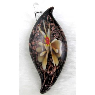 murano style glass lampwork pendant with goldsand, leaf, yellow flower