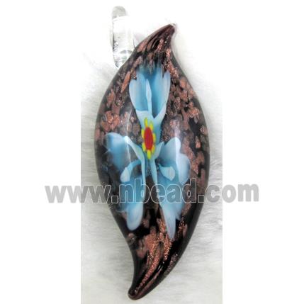 murano style glass lampwork pendant with goldsand, leaf, blue flower