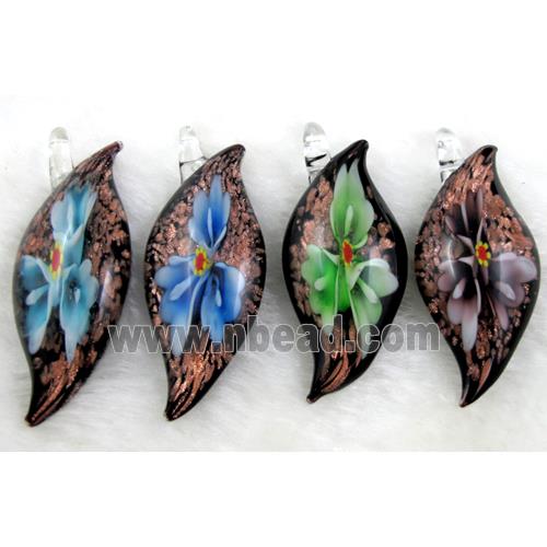 murano style glass lampwork pendant with goldsand, leaf, flower, mixed color