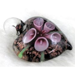 murano style glass lampwork pendant with goldsand, heart, pink flower