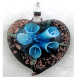 murano style glass lampwork pendant with goldsand, heart, sky-blue flower