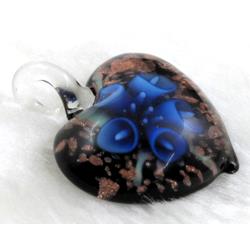murano style glass lampwork pendant with goldsand, heart, blue flower
