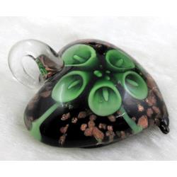 murano style glass lampwork pendant with goldsand, heart, green flower