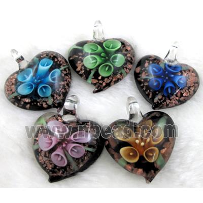 murano style glass lampwork pendant with goldsand, heart, flower, mixed color