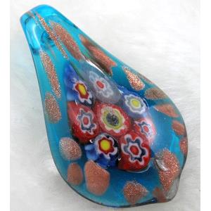 murano style glass lampwork pendant with mulit-flower, leaf, blue