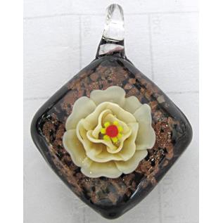 murano style lampwork glass pendant with goldsand, square, yellow flower