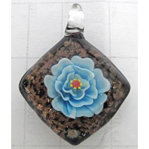 murano style lampwork glass pendant with goldsand, square, sky-blue flower