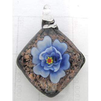 murano style lampwork glass pendant with goldsand, square, blue flower