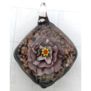 murano style lampwork glass pendant with goldsand, square, flower