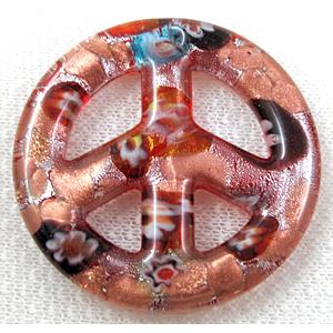 glass lampwork pendant with silver foil, peace sign, red