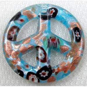 lampwork glass pendant with silver foil, peace sign, blue