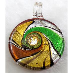 dichromatic glass lampwork pendant with silver foil, flat-round, mixed color
