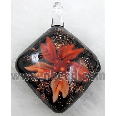 murano style lampwork glass pendant with goldsand, square, mixed color