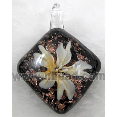 murano style lampwork glass pendant with goldsand, flower, yellow