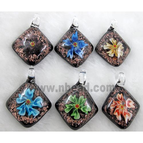 murano style lampwork glass pendant with goldsand, flower, mixed color