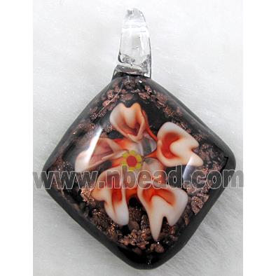 murano style lampwork glass pendant with goldsand, flower, red