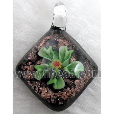 murano style lampwork glass pendant with goldsand, flower, green