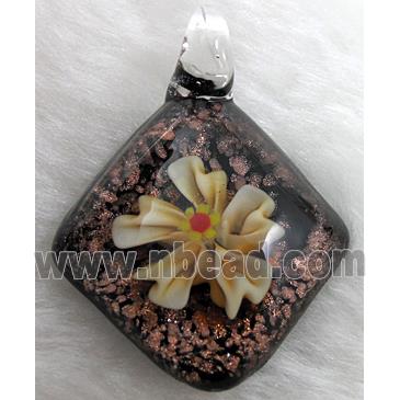 murano style lampwork glass pendant with goldsand, flower, lt.yellow