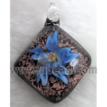 murano style lampwork glass pendant with goldsand, flower, blue