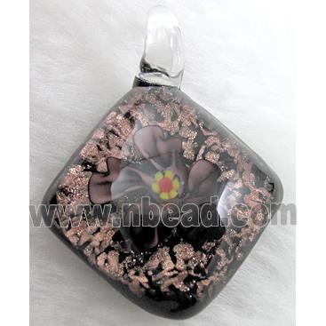 murano style lampwork glass pendant with goldsand, flower, grey