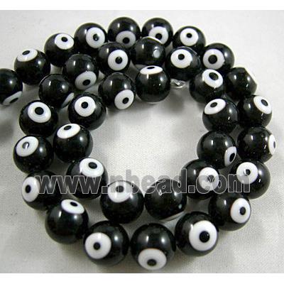 lampwork glass beads with evil eye, round, black