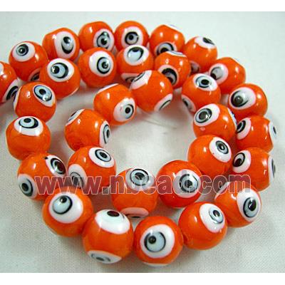 lampwork glass beads with evil eye, round, orange