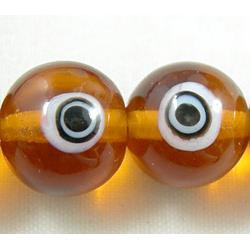 lampwork glass beads with evil eye, round, yellow
