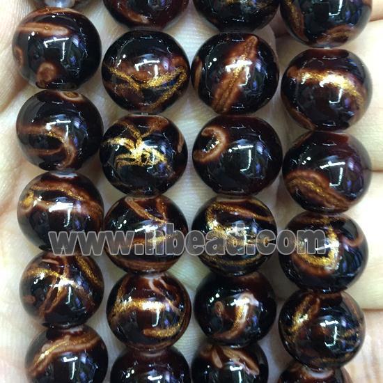 black Lampwork Glass Beads with goldsand, round