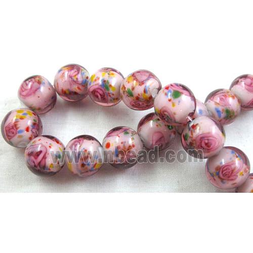 lampwork glass beads, flower, round, pink