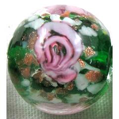 lampwork glass beads, flower, round, green