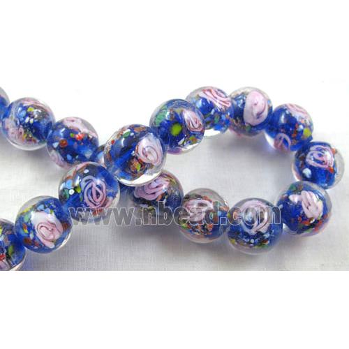 lampwork glass beads, flower, round, blue
