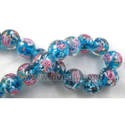 lampwork glass beads, flower, round, aqua