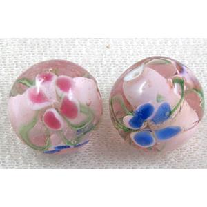 glass lampwork beads with goldsand, round, flower, pink