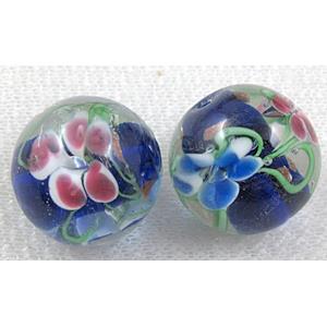 glass lampwork beads with goldsand, round, flower, blue