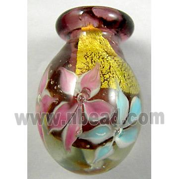 Lampwork Glass Bottle pendant with gold foil and flower, mix