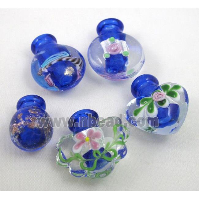 blue glass lampwork pendant, bottle, mixed shaped