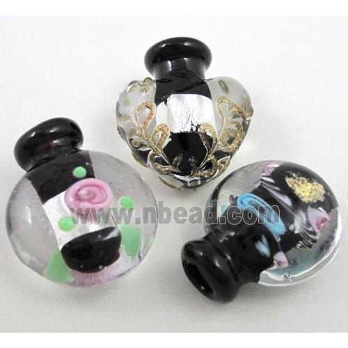 black glass lampwork bottle pendant, mixed shaped