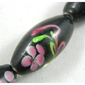 black lampwork glass beads, barrel, flower
