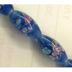 glass lampwork beads, barrel, flower, blue